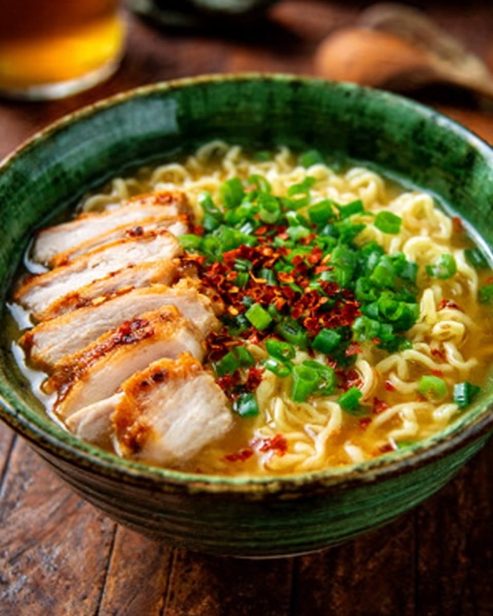 A green bowl filled with yellow noodles in light broth, topped with six slices of cooked chicken arranged in a row on one side; chopped green onions sprinkled generously over the chicken and noodles; some reddish chili flakes scattered on top, adding vibrant color; the bowl sits on a brown wooden surface; background softly blurred. Photo taken with an iphone --ar 4:5 --v 7