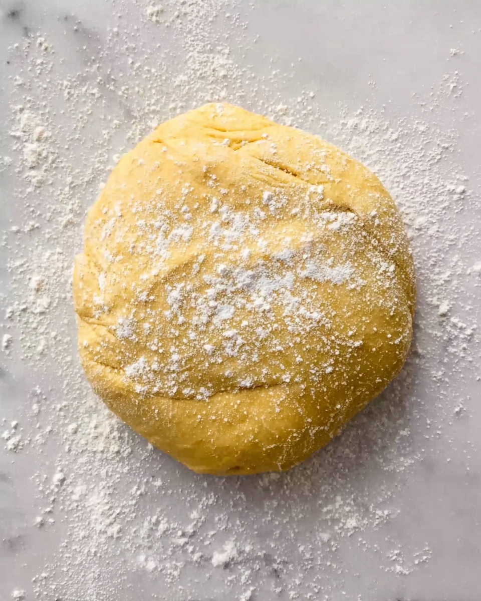A round, slightly uneven dough ball with a soft yellow color is resting on a white marbled surface dusted with flour. The dough has a light sprinkle of white flour on top, creating a thin powdery layer that adds texture. The overall look is smooth but with small bumps and folds, showing its fresh and soft nature. photo taken with an iphone --ar 4:5 --v 7