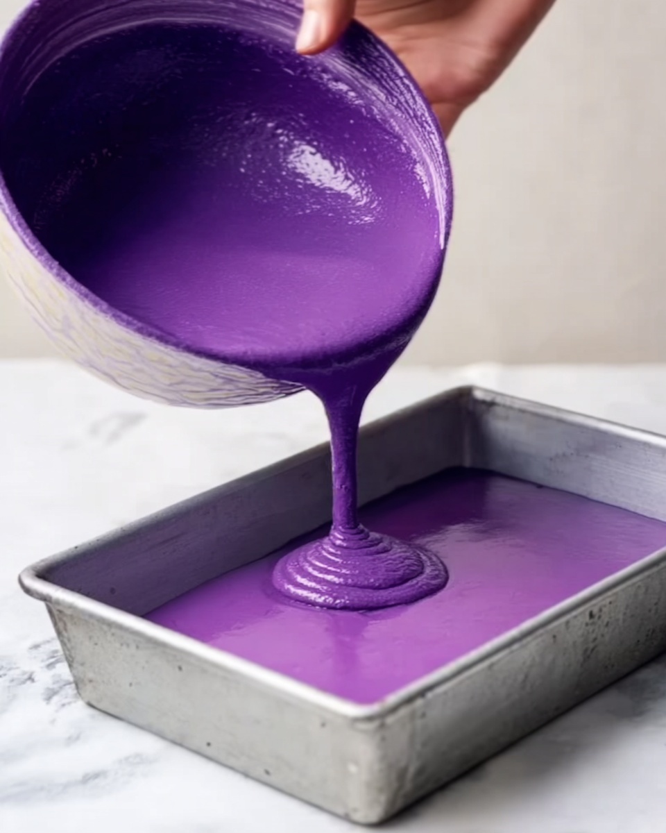 A silver baking pan is placed on a white marbled surface, with bright purple batter being poured from a purple bowl into the pan. The batter is smooth and thick, slowly flowing to fill the bottom of the pan. The scene shows mostly the pouring action and the batter forming a thick purple layer at the base of the pan. A woman's hand holds the purple bowl at the top right corner of the image. Photo taken with an iphone --ar 4:5 --v 7