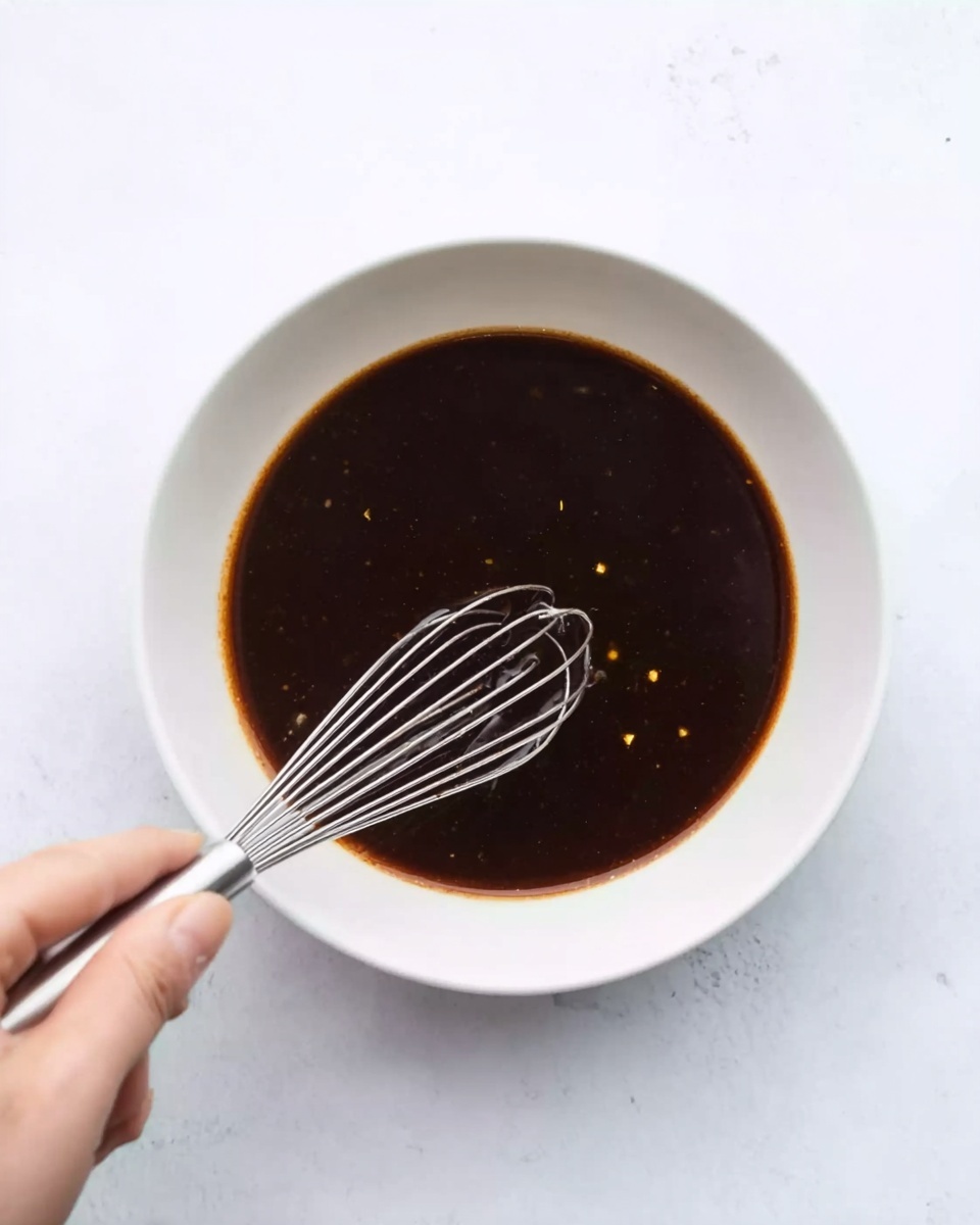 A white bowl filled with a dark brown sauce that looks smooth and shiny, with a few small yellow specks floating on the surface. A small silver whisk is placed inside the bowl, resting against the side, with a woman's hand holding it gently from the lower left corner of the image. The bowl sits on a white marbled surface giving a clean and bright background. Photo taken with an iphone --ar 4:5 --v 7