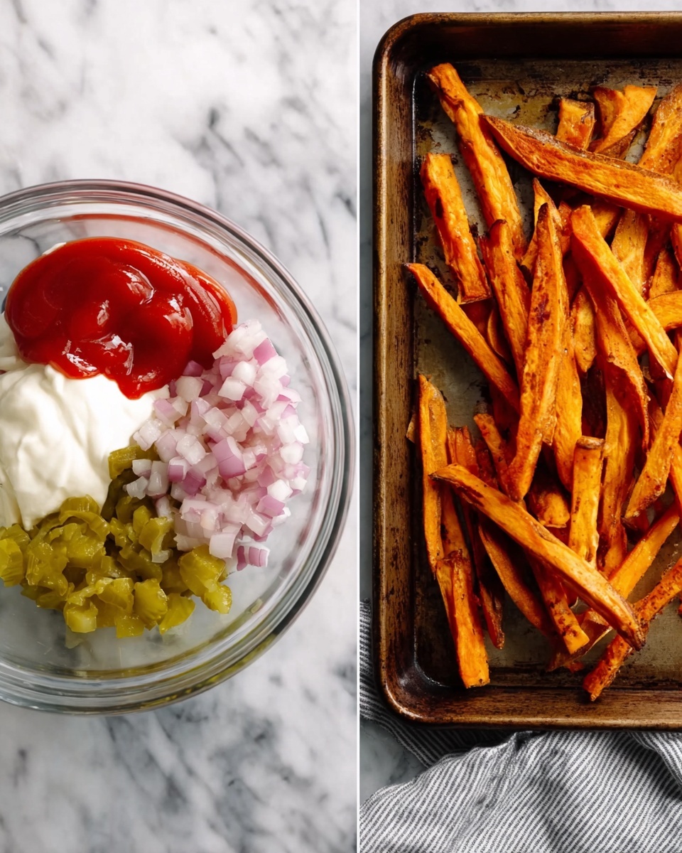 The image shows two side-by-side photos. On the left is a clear glass bowl on a white marbled surface, filled with four different ingredients in separate sections: bright red ketchup, white mayonnaise, small chopped light pink onions, and diced green pickles. On the right side is a dark metal baking tray filled with golden-brown sweet potato fries, slightly charred and crispy, arranged loosely with some overlapping. The tray is set on a white marbled surface with a gray and white striped cloth partially visible on the right edge photo taken with an iphone --ar 4:5 --v 7