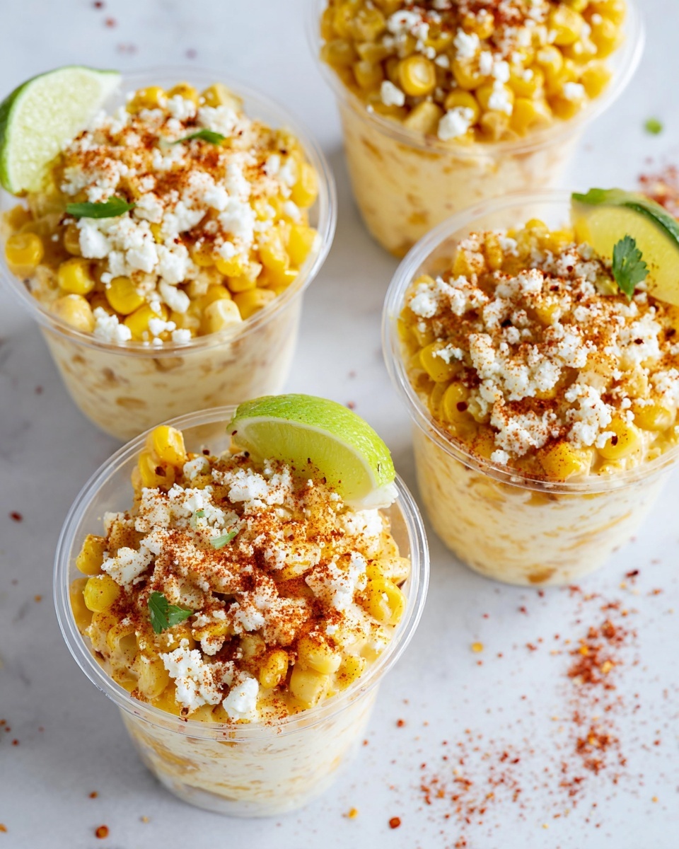 There are five small clear cups filled with three layers each: a creamy light yellow base mixed with whole bright yellow corn kernels, a thick topping of white crumbly cheese scattered over the corn, and a dusting of red chili powder on top, with some cups garnished with a wedge of lime or green herb leaf on the edge. The cups are placed on a white marbled surface with small red spice specks around. photo taken with an iphone --ar 4:5 --v 7