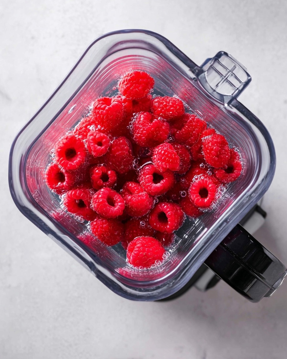 A clear blender container filled with bright red raspberries floating on top of clear water, sitting on a white marbled surface. Next to the blender, there is a black lid resting beside it. The texture of the raspberries is detailed, showing their small clustered drupelets, and the water is transparent with slight reflections. The background remains plain, highlighting the vibrant red color of the raspberries inside the clear container. photo taken with an iphone --ar 4:5 --v 7