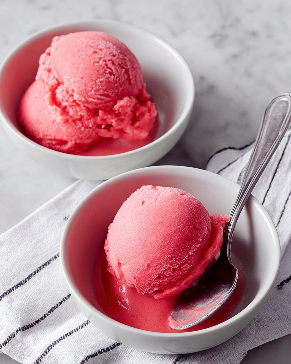The image shows a white bowl filled with two scoops of bright pink ice cream, each scoop smooth and slightly rounded with a soft texture. The scoops sit side by side, with a silver spoon resting inside the bowl. The bowl is placed on a white marbled surface, and in the background, there is another white bowl also containing the same pink ice cream on a folded grey cloth. photo taken with an iphone --ar 4:5 --v 7