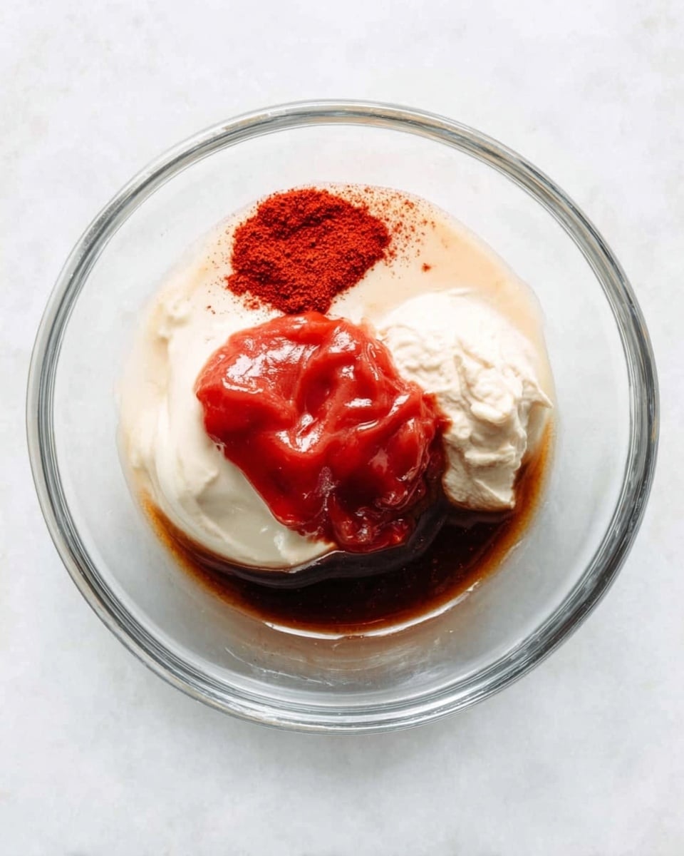 A clear glass bowl sits on a white marbled texture, holding four layers of sauces and condiments that are not mixed. At the bottom, there is a glossy dark brown liquid, above it is a white creamy layer with a smooth texture. Sitting partly on the creamy layer is a bright red thick sauce with a slightly shiny surface, and next to it is a smaller amount of a red powdery substance. The bowl is round with transparent sides showing the layers clearly. Photo taken with an iphone --ar 4:5 --v 7