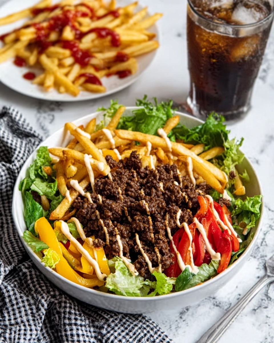 A white bowl filled with three layers: the bottom layer has fresh green lettuce leaves, the middle layer has bright yellow and red bell pepper pieces, and the top layer has a large portion of cooked dark brown ground meat. On one side of the bowl are light golden French fries, and thin lines of creamy white sauce and red sauce are drizzled over the meat and fries. In the background, there is a white plate with more golden French fries and red sauce, a glass of dark soda with ice, and a white marbled surface beneath everything. A woman's hand with a checkered cloth is resting next to the bowl. Photo taken with an iphone --ar 4:5 --v 7