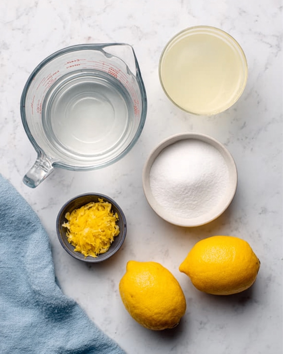 The image shows a white marbled surface with several ingredients arranged neatly. There is a clear glass measuring cup filled with water on the left, a glass with pale yellow liquid on the top right, and a white bowl full of white sugar in the center. Below these, a small dark container holds bright yellow lemon zest, and three whole yellow lemons are placed next to each other on the right side. A light blue cloth is partially visible at the left bottom corner. The setup looks clean and organized, with soft natural light illuminating the scene. Photo taken with an iphone --ar 4:5 --v 7