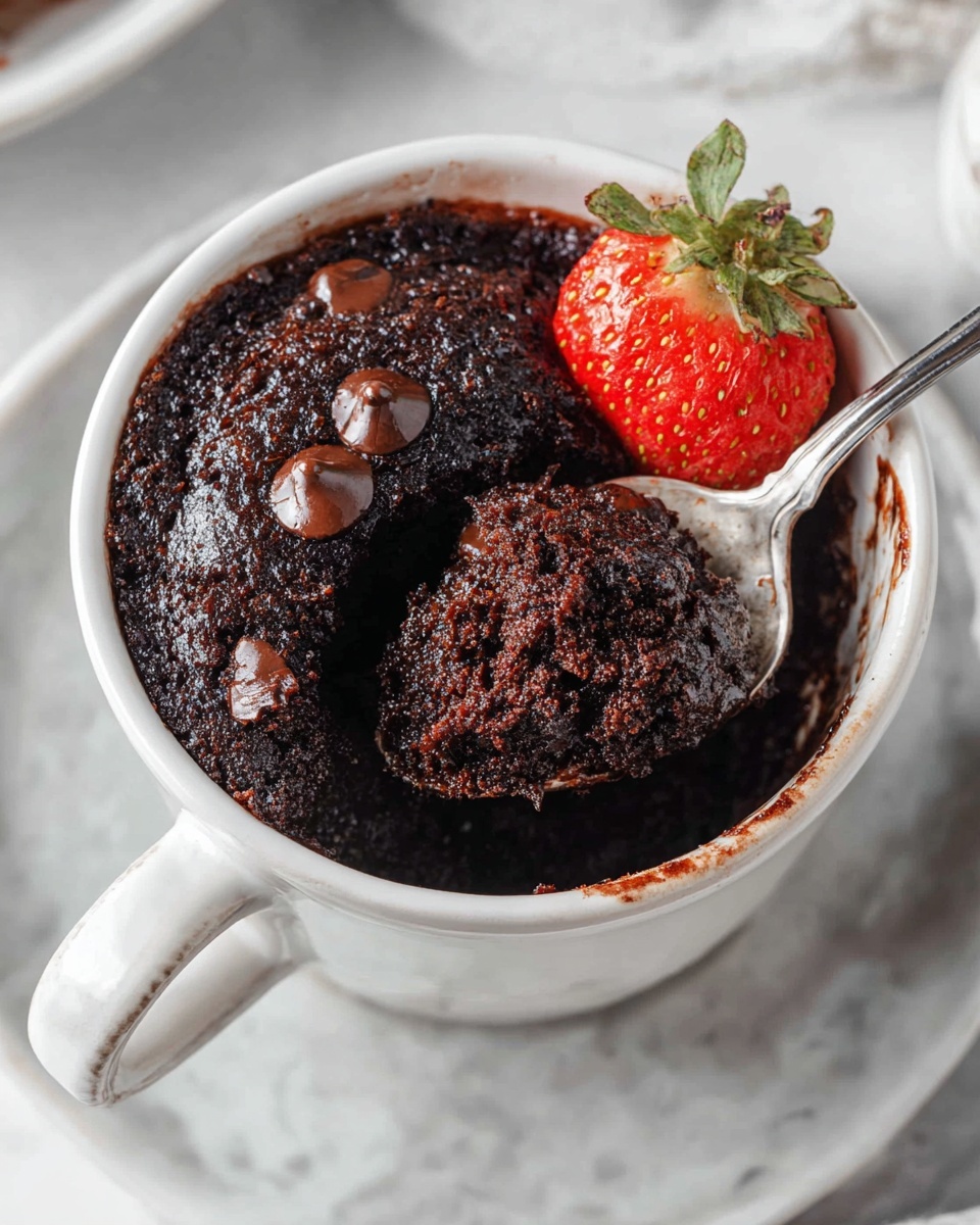 A white ceramic mug is filled with a dark chocolate cake with chocolate chips visible on the surface. The top has a rough, crumbly texture with a shiny, moist chocolate layer beneath. On one side of the cake, a half of a red strawberry with a green stem rests, adding a fresh, bright contrast. A silver spoon scoops a portion of the chocolate cake, showing its dense and rich texture. The mug sits on a white marbled surface, with part of another white plate seen blurry in the background photo taken with an iphone --ar 4:5 --v 7