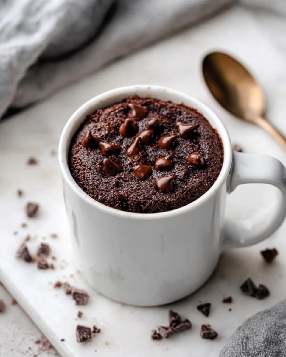 A white ceramic mug filled with a single-layer chocolate cake inside, dark brown and soft looking, topped with scattered melted chocolate chips that are slightly shiny and melted into the surface. The mug sits on a white marbled surface with some chocolate chips around it and a bronze spoon to the right. The background is softly blurred. Photo taken with an iphone --ar 4:5 --v 7