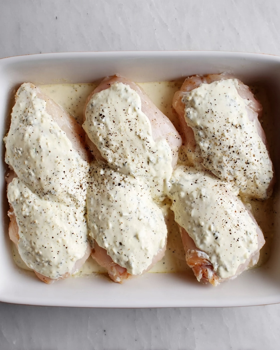Four raw chicken pieces lie in a white baking dish, each covered with a thick creamy white sauce mixed with small black specks of seasoning. The sauce layer is roughly spread across the top surface of each chicken piece. The baking dish is set on a white marbled surface photo taken with an iphone --ar 4:5 --v 7