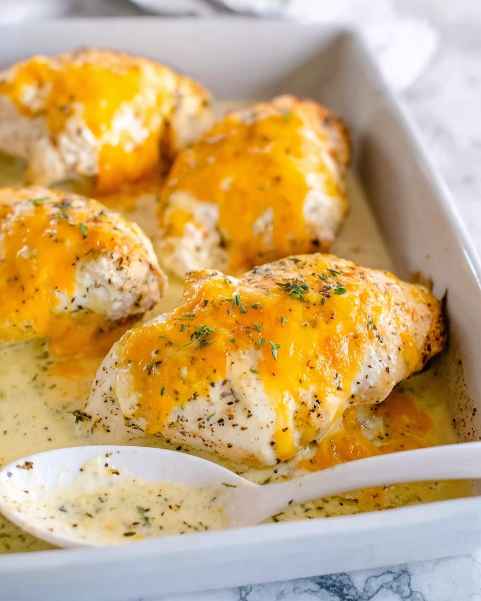 The image shows four pieces of baked chicken on a white ceramic tray, each piece topped with melted orange-yellow cheese. The chicken is covered in a white creamy sauce with black pepper and herbs sprinkled on top. A white spoon with a bit of sauce on it rests near the chicken in the tray. The background features a white marbled surface, adding a clean and bright look to the image. Photo taken with an iphone --ar 4:5 --v 7