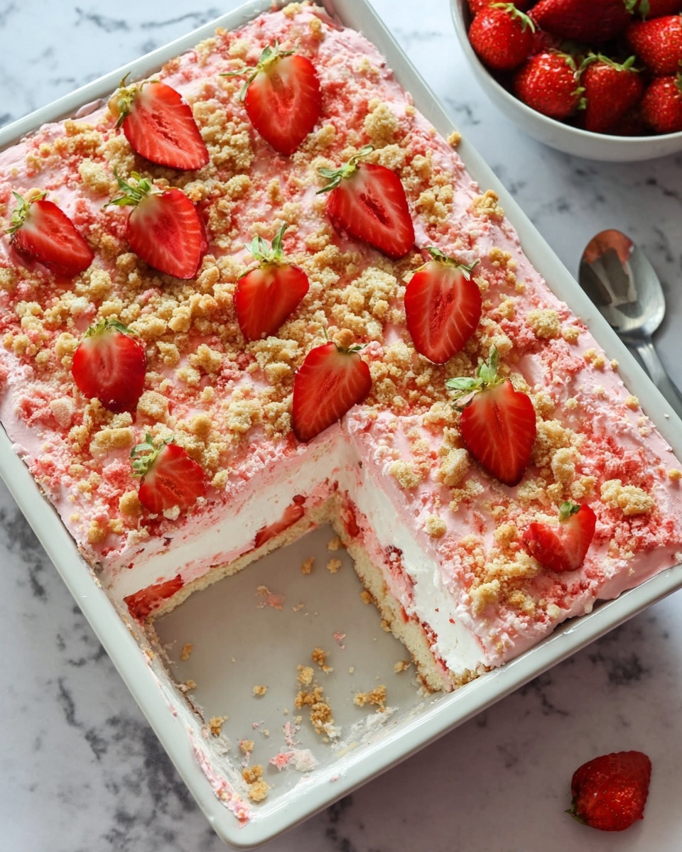 The image shows a square white baking pan filled with a pink and white layered dessert. The dessert has a crumbly, light pink topping with scattered golden brown crumbs that cover the top layer. Bright red strawberries with green leaves sit evenly on top, adding a fresh look. One large slice is missing, revealing inside layers of white cream and pink cake or mousse. The pan is placed on a white marbled surface. A white bowl filled with more strawberries is seen in the upper left part of the image. photo taken with an iphone --ar 4:5 --v 7