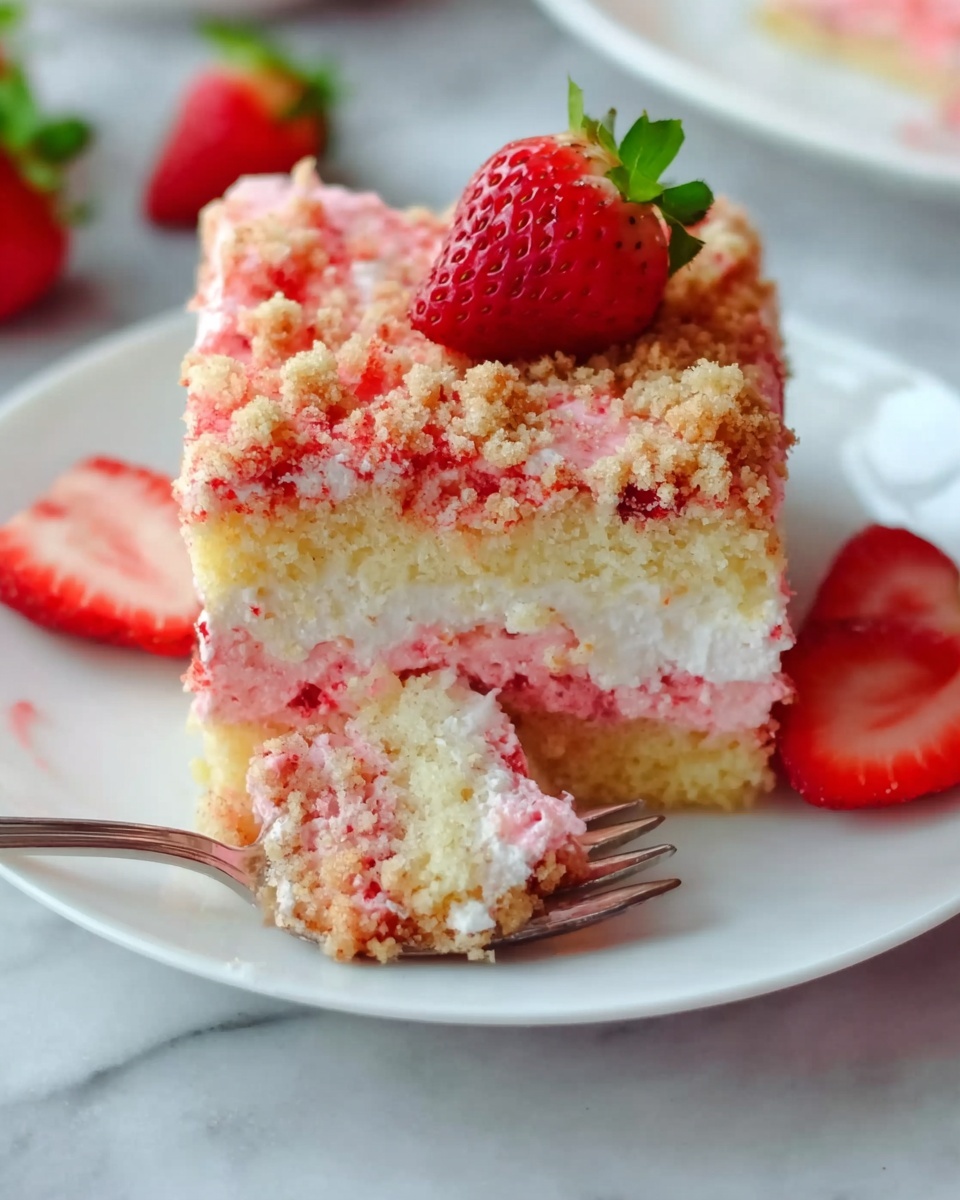The image shows a square piece of layered strawberry cake on a white plate with a woman’s fork stuck partly inside the slice. The cake has three clear layers: the bottom layer is a light yellow soft cake, the middle layer is pink with strawberry pieces mixed inside, and the top layer is a light creamy filling with a crumbly strawberry topping in shades of pink and light brown. A half strawberry with green leaves sits on the top right corner of the cake. Around the plate are a few fresh strawberry halves. The plate is on a white marbled surface. The photo taken with an iphone --ar 4:5 --v 7