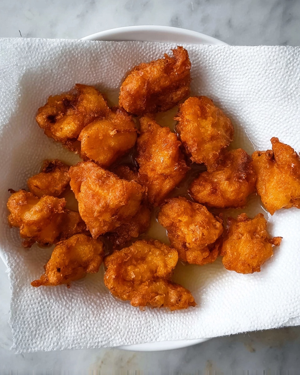 The image shows a group of small, golden-brown fried pieces arranged on white paper towel inside a white dish, soaking up oil. Each piece has a rough, crispy texture with uneven shapes and edges, showing a rich orange to dark brown color. The dish sits on a white marbled surface, which adds a clean and simple background to highlight the warm colors of the fried pieces. Photo taken with an iphone --ar 4:5 --v 7