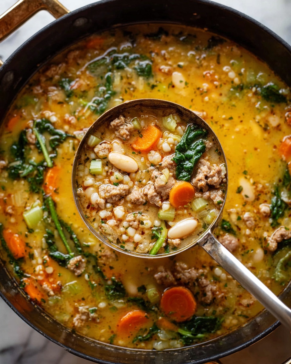 A close-up of a deep cooking pot filled with thick soup showing layers of small grains and minced meat in a yellow-orange broth. The soup has visible layers of round orange carrot slices, chopped green leafy vegetables, pale green celery pieces, white beans, and cooked minced meat scattered throughout. A ladle lifts some soup in the center, showing a mix of all these ingredients together in the warm broth. The pot sits on a white marbled surface. photo taken with an iphone --ar 4:5 --v 7