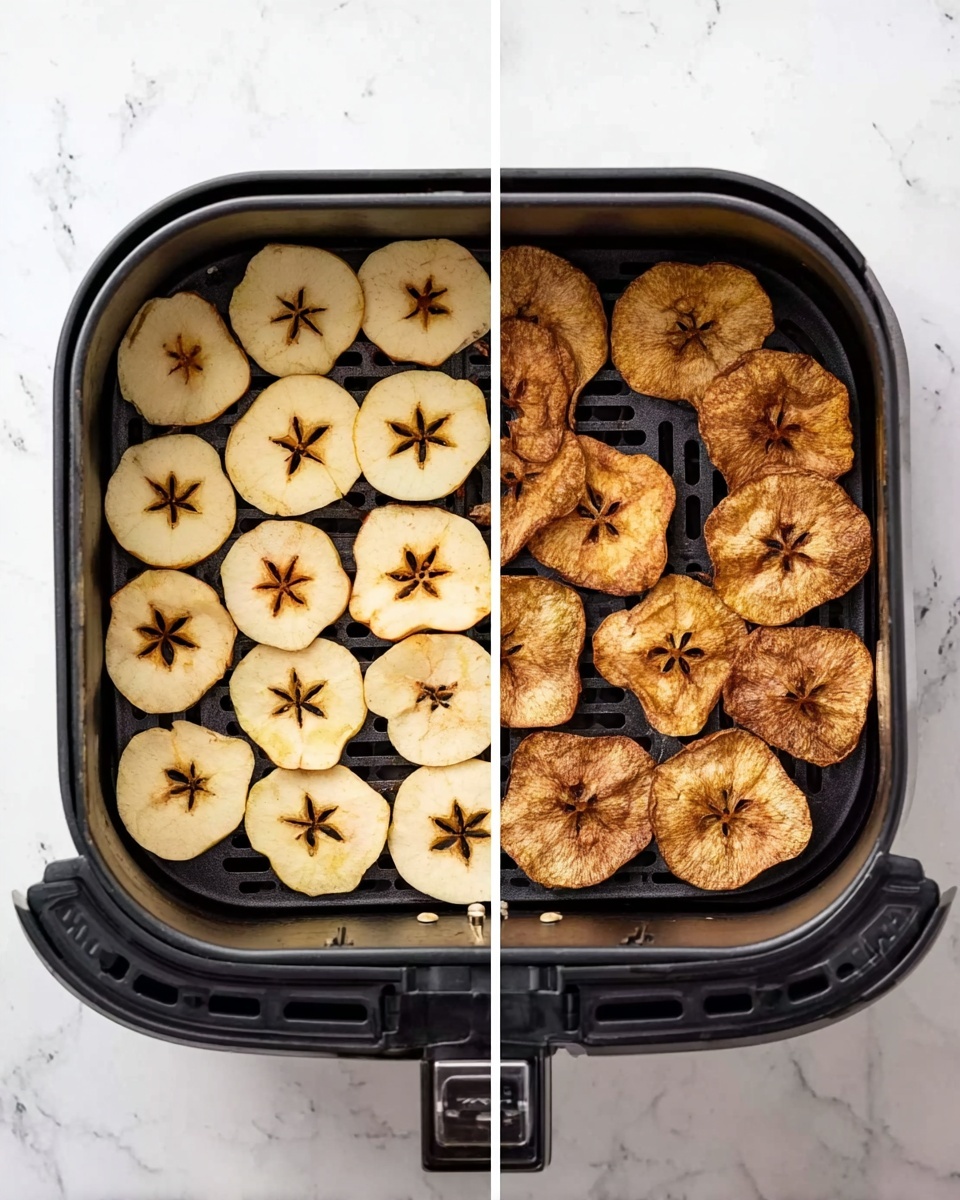 The image shows two side-by-side views of an air fryer basket on a white marbled surface. The left side has a single layer of raw apple slices evenly spread out in a circular pattern, each slice showing light yellow color with brown edges and a star-shaped core pattern in the middle. The right side features the same apple slices cooked, now shriveled and darker brown with a rougher texture, still arranged in a single layer inside the air fryer basket. The basket is black with a handle visible at the bottom. Photo taken with an iphone --ar 4:5 --v 7