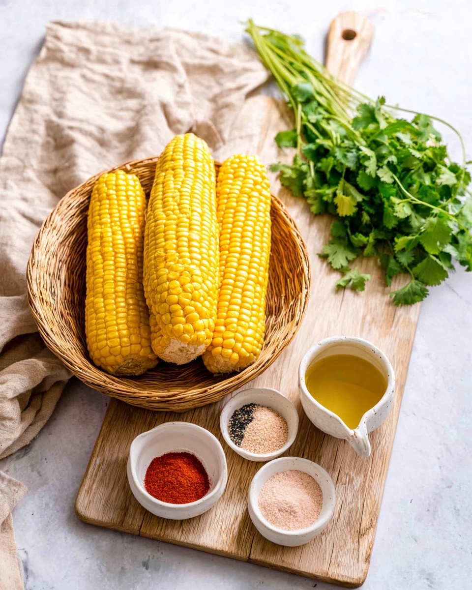 A white woven basket on a white marbled surface holds four whole bright yellow corn cobs stacked unevenly. Behind the basket, on a light wooden board with a handle, are four small white bowls: one with red spice powder, one with a light brown powder, one with a pink and black mix, and a small white jug containing golden oil. To the right of the bowls, a fresh bunch of green cilantro leaves rests on the board. A beige cloth lies casually on the white marbled surface next to the wooden board. Photo taken with an iphone --ar 4:5 --v 7