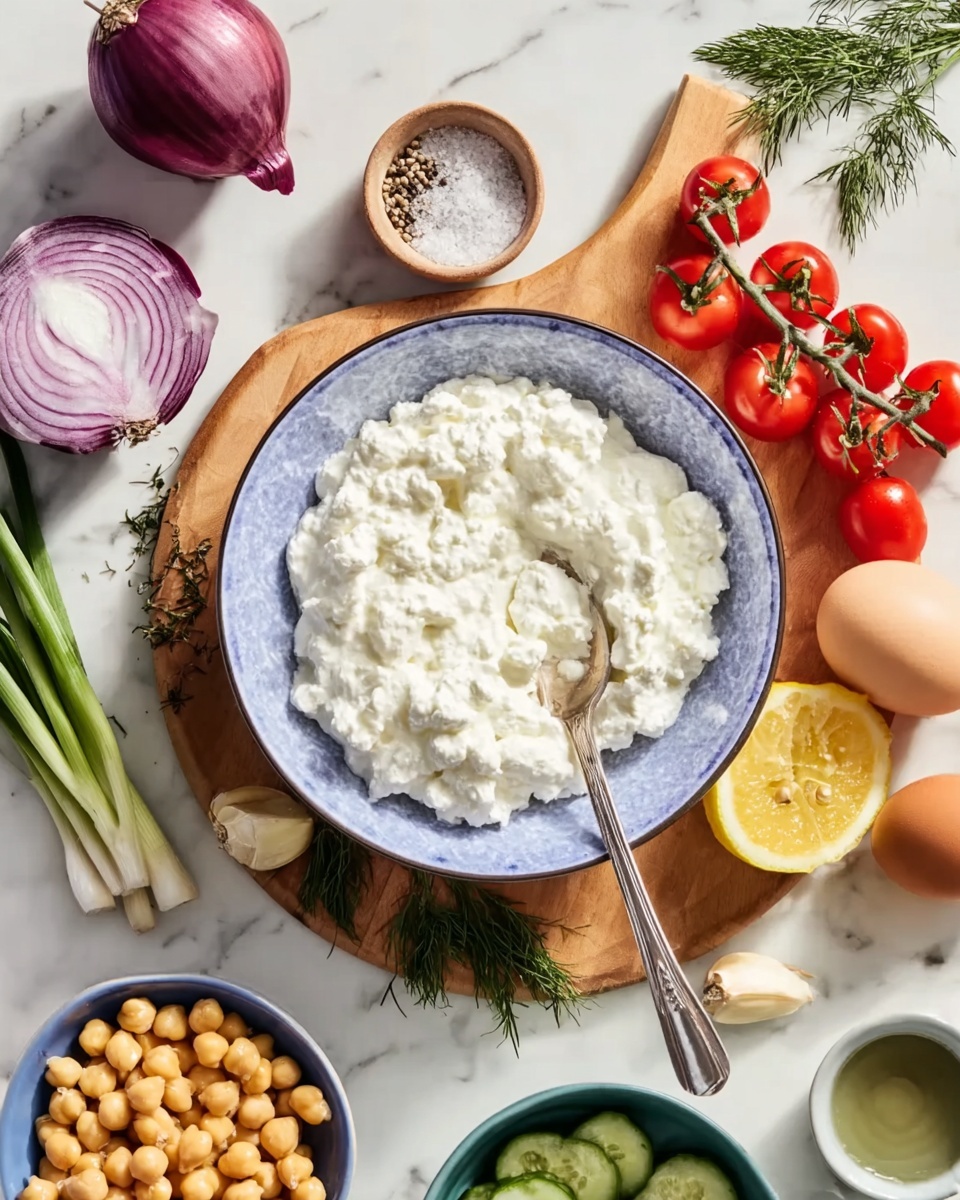 A deep, white bowl with blue and purple shades holds a creamy textured white cottage cheese, with a silver spoon resting inside. Around the bowl on a wooden board are two peeled garlic cloves, half a lemon cut into two pieces, a bunch of small round red cherry tomatoes attached to green stems, two whole brown eggs, and a small sprig of dill. To the left on the board, there's a halved red onion with layers showing and some long green chives next to it. Surrounding the board on a white marbled surface, there is a small white bowl with salt and pepper, a white bowl with sliced light green cucumber, a purple bowl with cooked chickpeas, a purple bowl with small green capers, and a blue bowl with a light green liquid. photo taken with an iphone --ar 4:5 --v 7