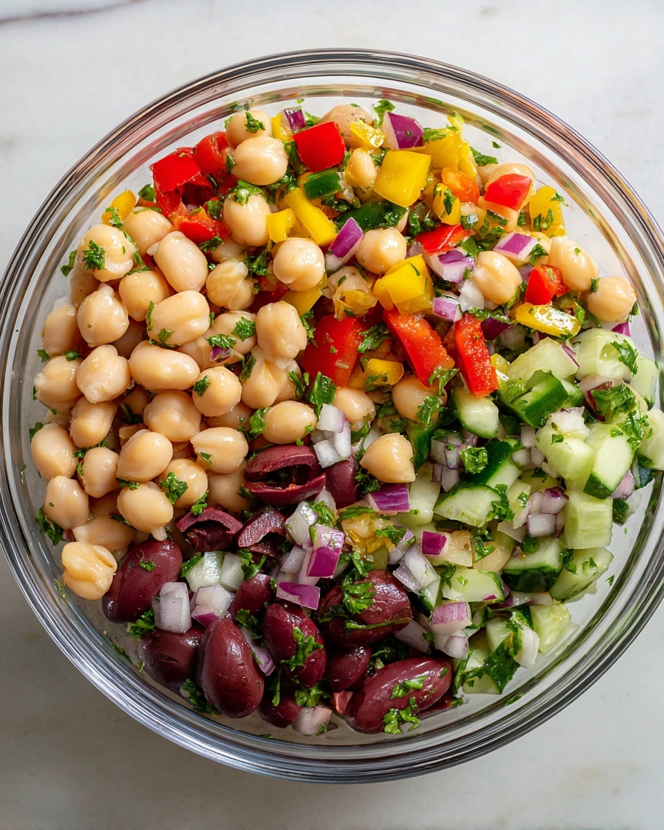 A clear glass bowl filled with a colorful bean salad is shown from above on a white marbled surface. The salad has two main layers visually blending together: a base layer of soft white beans and beige chickpeas, and a top layer consisting of small diced red, yellow, and green bell peppers, chopped cucumber, thinly sliced dark purple olives, and small pieces of red onion, all mixed with fresh green parsley bits. The beans have a smooth texture, while the diced vegetables add a crisp, varied texture and vibrant color contrast throughout the bowl. photo taken with an iphone --ar 4:5 --v 7