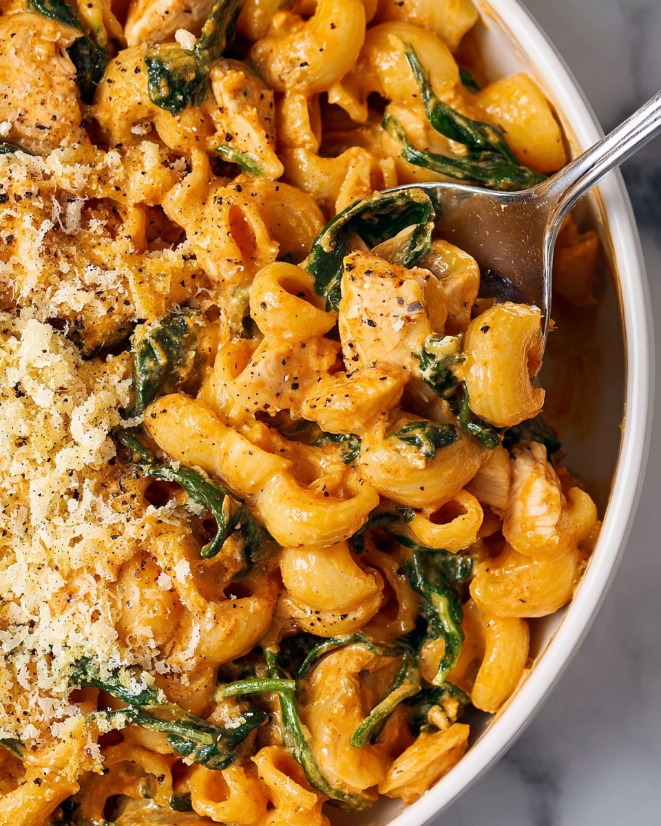 The image shows a close-up view of creamy pasta with an orange sauce mixed with green spinach leaves and small pieces of light brown chicken, all coated evenly. The pasta is curved macaroni, soft with a smooth texture. On the left side, there is a layer of finely grated pale yellow cheese sprinkled generously, with some black pepper flakes visible on top. A metal spoon is partially visible, scooping some pasta from a white bowl, which sits on a white marbled surface. The dish has a warm, rich look with visible seasoning throughout, creating a comforting and hearty appearance. photo taken with an iphone --ar 4:5 --v 7