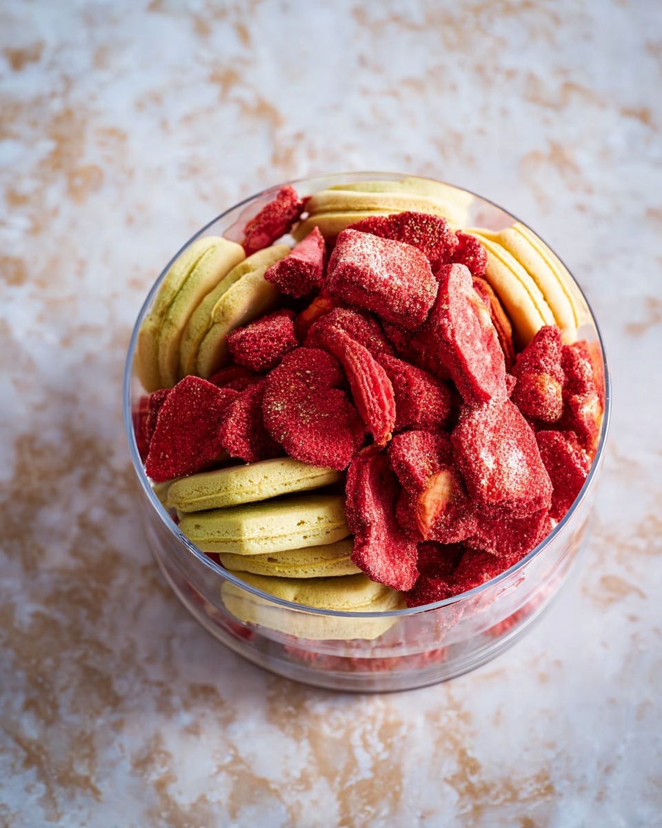 A clear round bowl filled with two layers of light yellow sandwich cookies stacked vertically on the bottom, topped with many pieces of large, red, rough-textured dried strawberries scattered unevenly over the cookies, all set against a white marbled textured surface, photo taken with an iphone --ar 4:5 --v 7