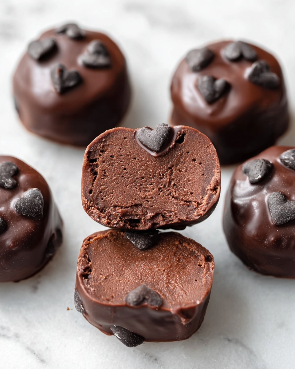 There are five small, round chocolate truffles arranged on a smooth white marbled surface. Four of the truffles are whole and have a dark, shiny outer layer that looks smooth with small, heart-shaped chocolate chips pressed on top of each one. The fifth truffle is cut in half, showing three visible layers inside: the top layer is the same shiny dark chocolate outer shell, the middle layer is a slightly lighter, thicker chocolate filling with a smooth, dense texture, and scattered chocolate chips are embedded within this layer. The bottom part mirrors the outer chocolate shell's dark color and smooth texture. Photo taken with an iphone --ar 4:5 --v 7
