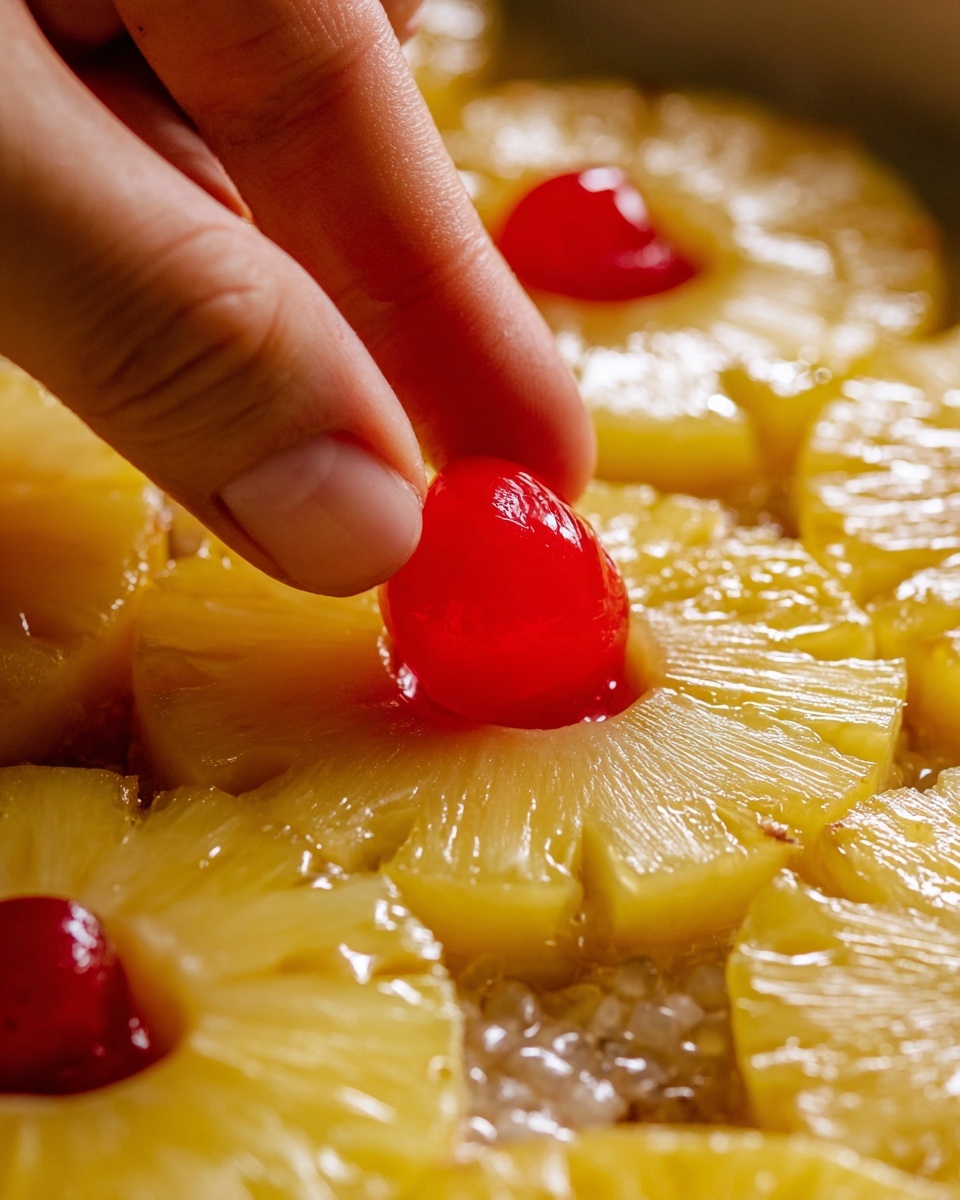 A close-up image shows a woman's hand placing a bright red cherry in the center hole of a yellow pineapple ring. The pineapple rings are arranged closely next to each other, covering the entire visible surface. The pineapple texture is shiny and juicy, with a white marbled background underneath. The focus is on the fingers and the cherry being put into place, highlighting the contrast between the red cherry and the yellow pineapple rings. Photo taken with an iphone --ar 4:5 --v 7