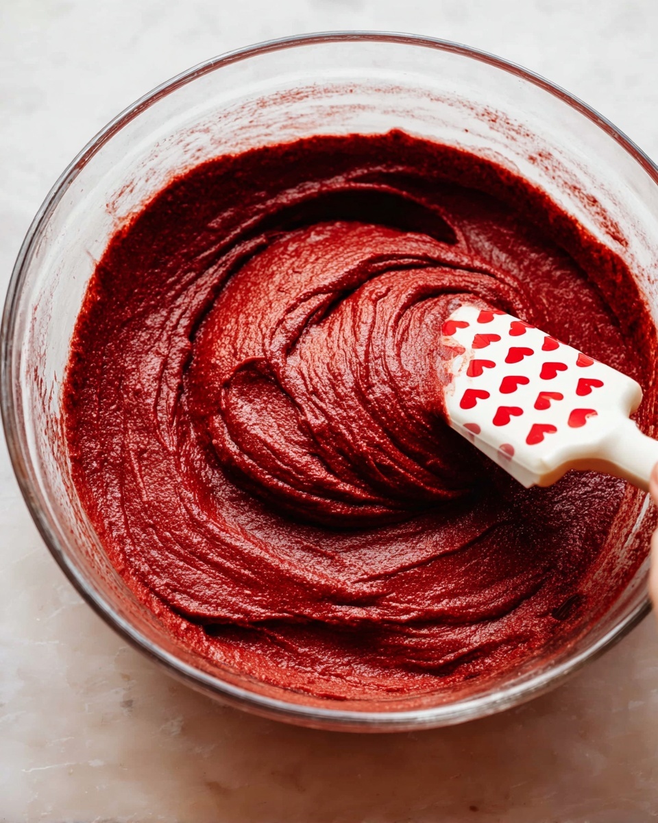 A large clear glass bowl filled with thick, smooth deep red batter, with visible swirls and soft peaks. A woman's hand holds a spatula with a white and red heart pattern on the handle, partially buried in the batter on the right side. The bowl sits on a white marbled surface with soft natural lighting highlighting the rich texture of the batter. photo taken with an iphone --ar 4:5 --v 7