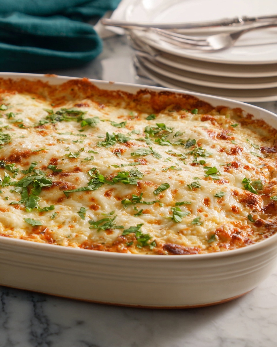 A close-up view of a baked casserole in a deep white ceramic dish shows a thick top layer of melted cheese, creamy white with golden brown spots, and small areas of orange tomato sauce peeking through. The surface is sprinkled with fresh green herbs, adding a touch of color and freshness. The casserole appears to be rich and layered beneath the cheese, with a slightly bubbly and textured edge. The dish sits on a white marbled surface with a folded cloth napkin and stacked white plates in the background. Photo taken with an iphone --ar 4:5 --v 7