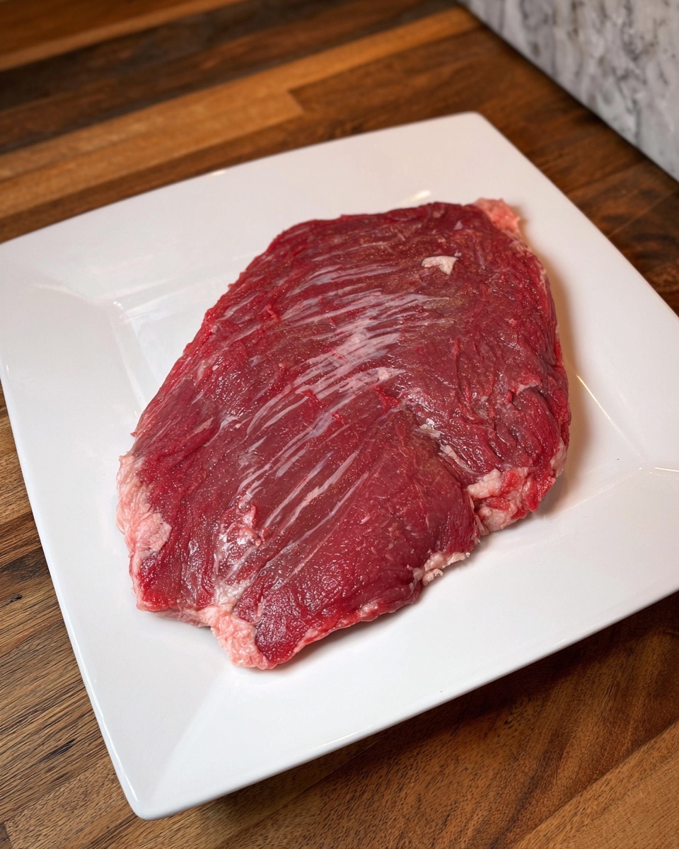 A single large piece of raw red meat with light white fat streaks spread unevenly on its surface, lying flat in the center of a square white plate. The meat shows natural texture patterns and a slightly glossy finish. The plate rests on a wooden table with a visible brown grain and a part of a white marbled surface in the background. Photo taken with an iphone --ar 4:5 --v 7