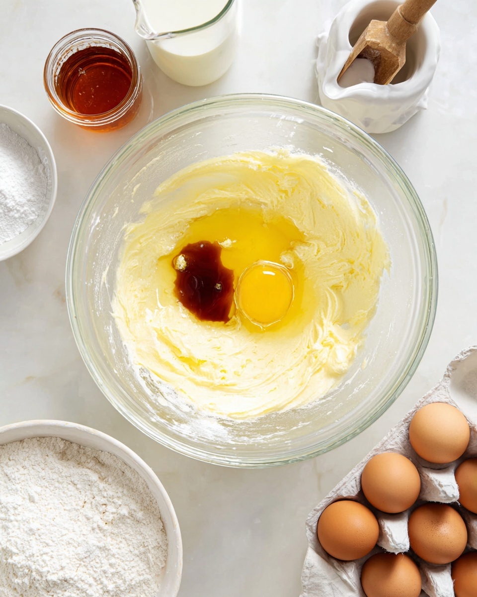 A clear glass mixing bowl sits in the center on a white marbled surface, showing soft yellow butter cream with a bright yellow egg yolk and a small pool of dark brown vanilla extract on top. Surrounding the bowl are several ingredients: a white container with a woman’s hand wooden scoop resting in white powdered sugar, a white bowl of flour mixed with baking soda or powder, a small glass jar with amber liquid, a clear glass jar of milk, and a white ceramic egg holder with six brown eggs. Photo taken with an iphone --ar 4:5 --v 7