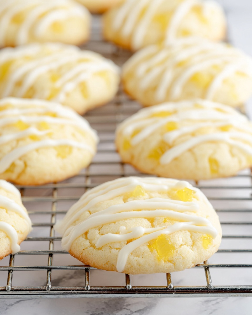 A close-up view of soft, round cookies arranged on a metal cooling rack. Each cookie is pale yellow with small bits of yellow fruit or zest visible inside, giving a slightly textured look. The top of each cookie is decorated with thin, white icing lines that are drizzled in a loose wave pattern. The cooling rack is placed on a white marbled surface, which is softly blurred in the background, adding a clean and fresh feel to the image. photo taken with an iphone --ar 4:5 --v 7