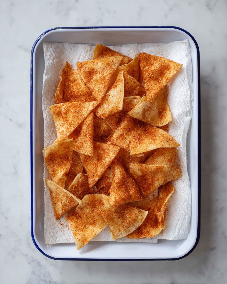 A white rectangular tray with a blue rim holds one layer of golden brown triangular chips, each evenly coated with a reddish seasoning powder. The chips have a crisp, slightly curled texture and are resting on a white paper towel that absorbs excess oil. The tray is placed on a white marbled surface, giving a clean and bright background. photo taken with an iphone --ar 4:5 --v 7
