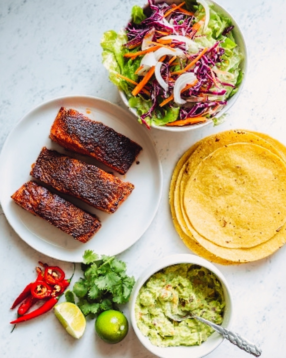 The image shows a white plate with four dark brown grilled salmon pieces with a slightly crispy texture stacked on the left side. Above the salmon, on a small white bowl, is a fresh salad featuring thinly sliced red cabbage, green lettuce, orange carrot strips, and a few white slivers, creating a colorful mix. On the right side, there is a stack of two golden-yellow tortillas placed one on top of the other with a smooth surface. Below the tortillas, a white bowl holds a light green chunky guacamole with a spoon inside. Next to the guacamole bowl, there are small bunches of green lime wedges, fresh cilantro, and red chili peppers arranged neatly on the white marbled surface. A woman's hand is not present in this image. Photo taken with an iphone --ar 4:5 --v 7