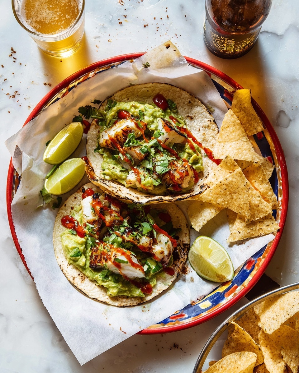 Two tacos sit in the middle of a round, white tray with a colorful rim, lined with white parchment paper. Each taco has a soft, slightly toasted tortilla base, layered with chunky green guacamole, and topped with grilled white fish pieces that have light char marks. Fresh chopped cilantro is sprinkled generously over the fish, with drizzles of bright red hot sauce adding a splash of color. Around the tacos, there are several yellow lime wedges and some crispy, triangular tortilla chips scattered both inside and outside the tray. Two small clear glasses, one filled with golden beer and the other nearly empty, rest near the upper edge of the tray. A brown bottle and more tortilla chips are on the white marbled surface nearby. Photo taken with an iphone --ar 4:5 --v 7