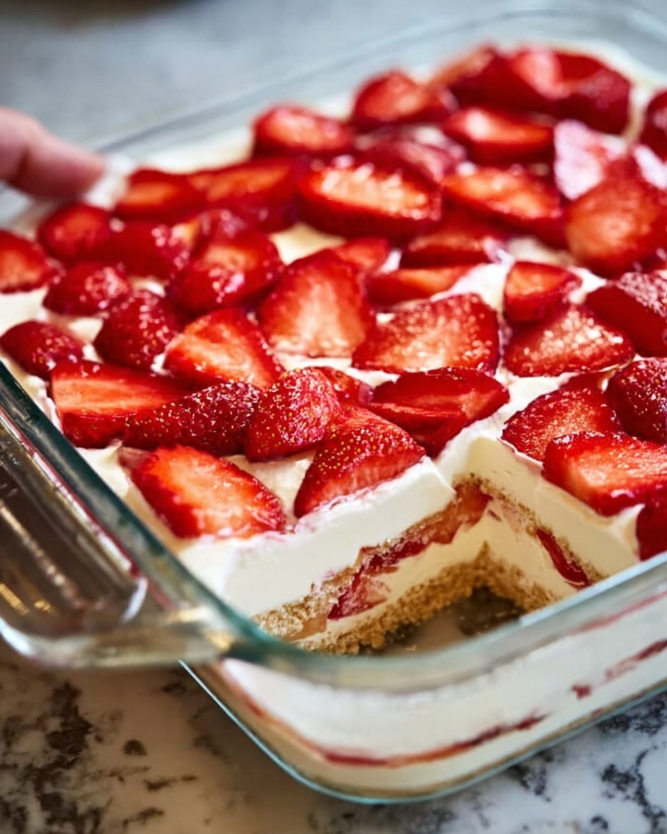 The image shows a glass baking dish filled with a layered dessert placed on a white marbled surface. The bottom layer is light brown and crumbly, likely a crust or cake base visible through the clear glass. On top of this is a thick, creamy white layer, smooth in texture. The top layer consists of fresh strawberry slices, bright red with visible seeds and some whole small strawberries, evenly spread over the cream. A woman's hand is holding the side handle of the dish. Photo taken with an iphone --ar 4:5 --v 7