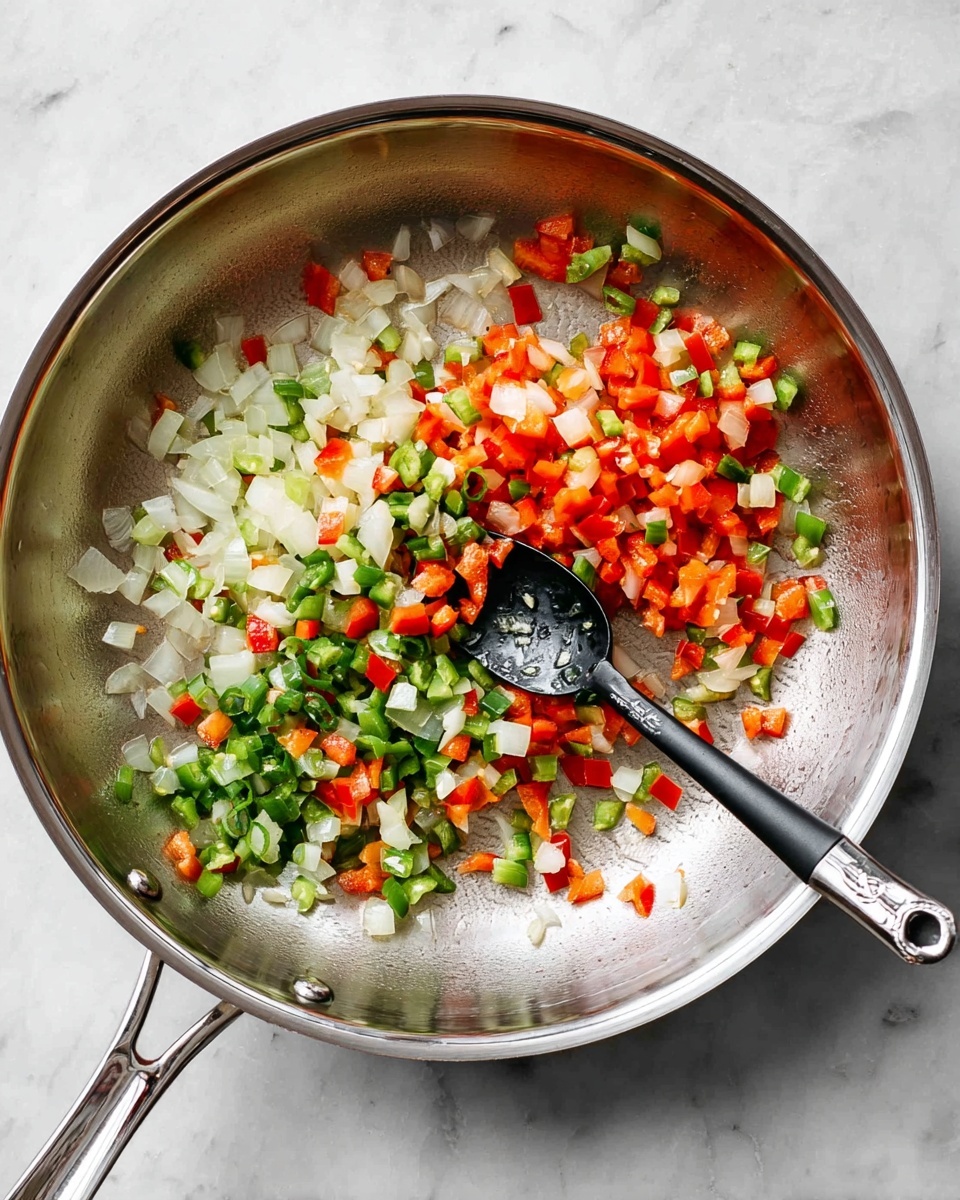 Inside a shiny silver frying pan with a metal handle on a white marbled surface, there are three layers of finely chopped vegetables: white onion pieces, bright red bell pepper chunks, and small green chili bits. A black spoon with a silver handle rests on the right side inside the pan, stirring the mix of colorful vegetables. The light reflects softly on the smooth metal surface and the diced vegetables look fresh and vibrant. photo taken with an iphone --ar 4:5 --v 7