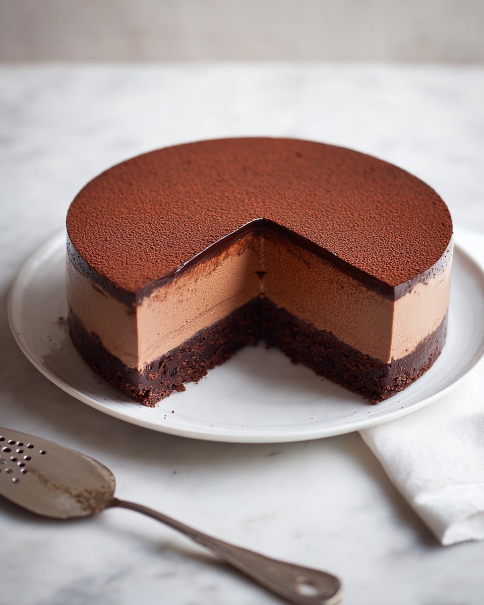 A round chocolate mousse cake is shown with one slice removed, revealing three layers: a bottom dark brown sponge layer, a thick middle milk chocolate mousse layer with a smooth texture, and a thin top layer of dark chocolate ganache covered with a fine dusting of cocoa powder. The cake sits on a white plate placed on a white marbled surface. To the right of the cake is a silver serving utensil with cutout decoration. The background is plain and softly lit. Photo taken with an iphone --ar 4:5 --v 7