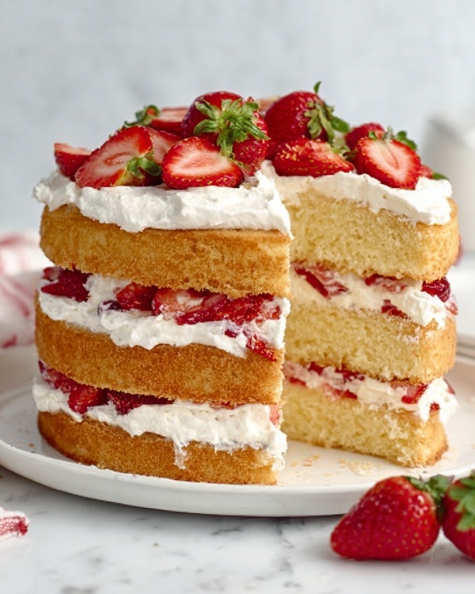 The image shows a tall three-layer vanilla sponge cake on a white plate. Each layer is thick and light golden in color. Between the layers, there is white cream spread evenly with pieces of red strawberries inside. On top of the cake, white cream is spread with fresh whole and sliced strawberries arranged on the cream. The cake is set against a white marbled surface. Photo taken with an iphone --ar 4:5 --v 7