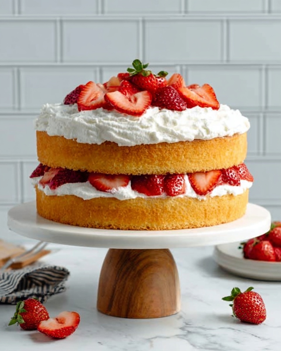 The image shows a two-layer sponge cake on a white cake stand with a wooden base, placed on a white marbled surface. The bottom layer is a golden sponge cake topped with a thick layer of white whipped cream and whole strawberries poking through the cream. The second layer of golden sponge sits on top of the cream and is covered with another thick layer of white whipped cream and sliced strawberries arranged neatly on top, with some whole strawberries for decoration. The background has white tile walls, adding a clean and fresh look. Photo taken with an iphone --ar 4:5 --v 7
