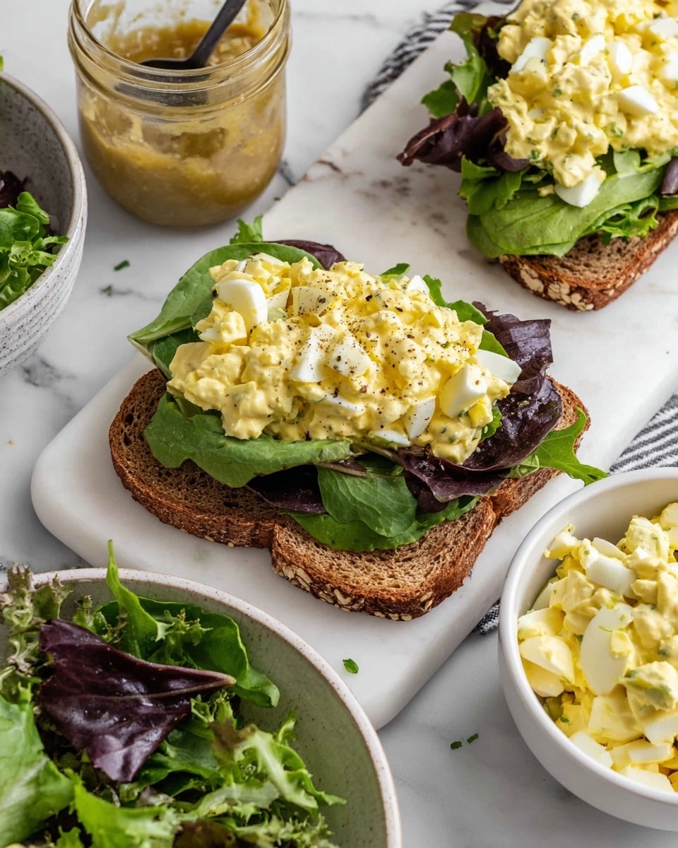 The image shows an open sandwich with two layers of brown bread on a white marbled surface. The bottom slice is covered with fresh dark and light green leafy salad, forming the first layer. The top slice has a similar leafy salad as the base layer, topped generously with a thick layer of creamy yellow egg salad mixed with small pieces of boiled egg, seasoned with black pepper on top. Around the sandwich, there is a white bowl with more mixed leafy salad, a jar of mustard relish with a spoon inside, and a white bowl filled with more egg salad. The scene is bright and clean, with a casual and fresh kitchen feel. Photo taken with an iphone --ar 4:5 --v 7