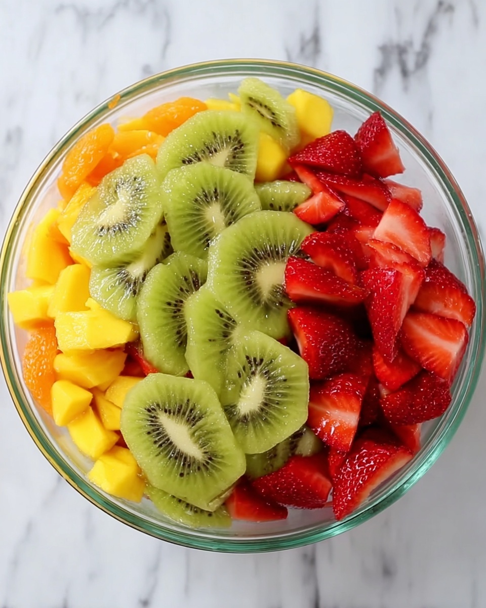 A clear glass bowl filled with three layers of fruit: the bottom layer has bright red sliced strawberries, the middle layer consists of yellow-orange diced mango pieces, and the top layer shows light green round slices of kiwi with dark seeds radiating from the center. The bowl is placed on a white marbled surface. photo taken with an iphone --ar 4:5 --v 7