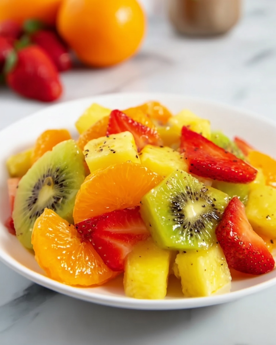 A white plate filled with a colorful fruit salad sitting on a white marbled surface. The salad has three main layers: the bottom layer has yellow pineapple chunks that look juicy and firm; the middle layer has bright orange mandarin slices that are shiny and slightly translucent; the top layer has green kiwi slices with tiny black seeds and red strawberry slices showing their inner texture and seeds. The fruits are mixed but you can clearly see the different colors and shapes on top. In the background, there are blurred whole strawberries and an orange. Photo taken with an iphone --ar 4:5 --v 7