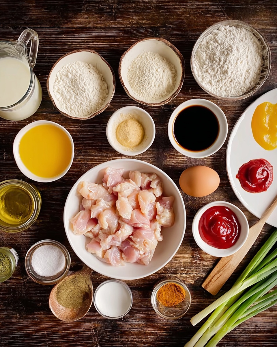 The image shows many cooking ingredients arranged on a dark wooden surface. At the center is a large white bowl filled with small, pale pink pieces of raw chicken. Around it are smaller white bowls holding white flour, creamy white powder, and a brown egg. There is also a small white plate with three different pastes or sauces—one bright red, one light brown, and one yellowish. Small white cups hold dark soy sauce, light brown liquid, and orange juice, with a glass pitcher filled with white liquid on the left. A jar of white sugar with a wooden scoop and a small plate of mixed dry spices in red, light green, and beige colors are also visible. On the right side, there are fresh green onions lying on the surface. The background is a white marbled texture. photo taken with an iphone --ar 4:5 --v 7