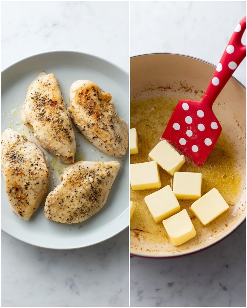 The image shows two scenes side by side on a white marbled surface. On the left, there is a white plate holding three pieces of cooked chicken. Each piece is golden brown with a light seasoning of black pepper on top, giving a slightly speckled look. The chicken has a smooth, lightly browned surface with some parts crispier than others. On the right, a pot contains light yellow cubes of butter melting into a golden liquid that is a mix of butter and browned bits from cooking. A red spatula with large white polka dots rests inside the pot, partially covered by the melted butter. The pot’s interior has a creamy color and some brown spots from cooking residue. photo taken with an iphone --ar 4:5 --v 7