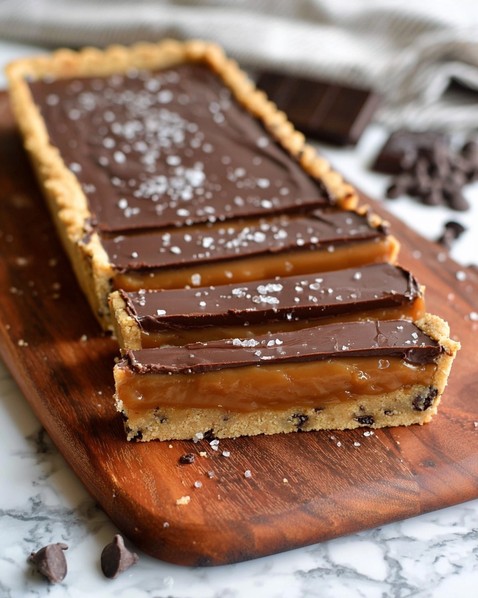 A rectangular tart with a thick, crumbly golden cookie crust studded with small chocolate chips forms the base. On top of the crust, there is a smooth light brown caramel layer that gently drapes over the edges in some places. The top layer is a glossy, dark chocolate ganache evenly spread and sprinkled with small flakes of sea salt. Several slices have been cut, showing the neat cross-section of the three layers. The tart is placed on a rich wooden board with some scattered chocolate chips around it, all set on a white marbled surface. photo taken with an iphone --ar 4:5 --v 7