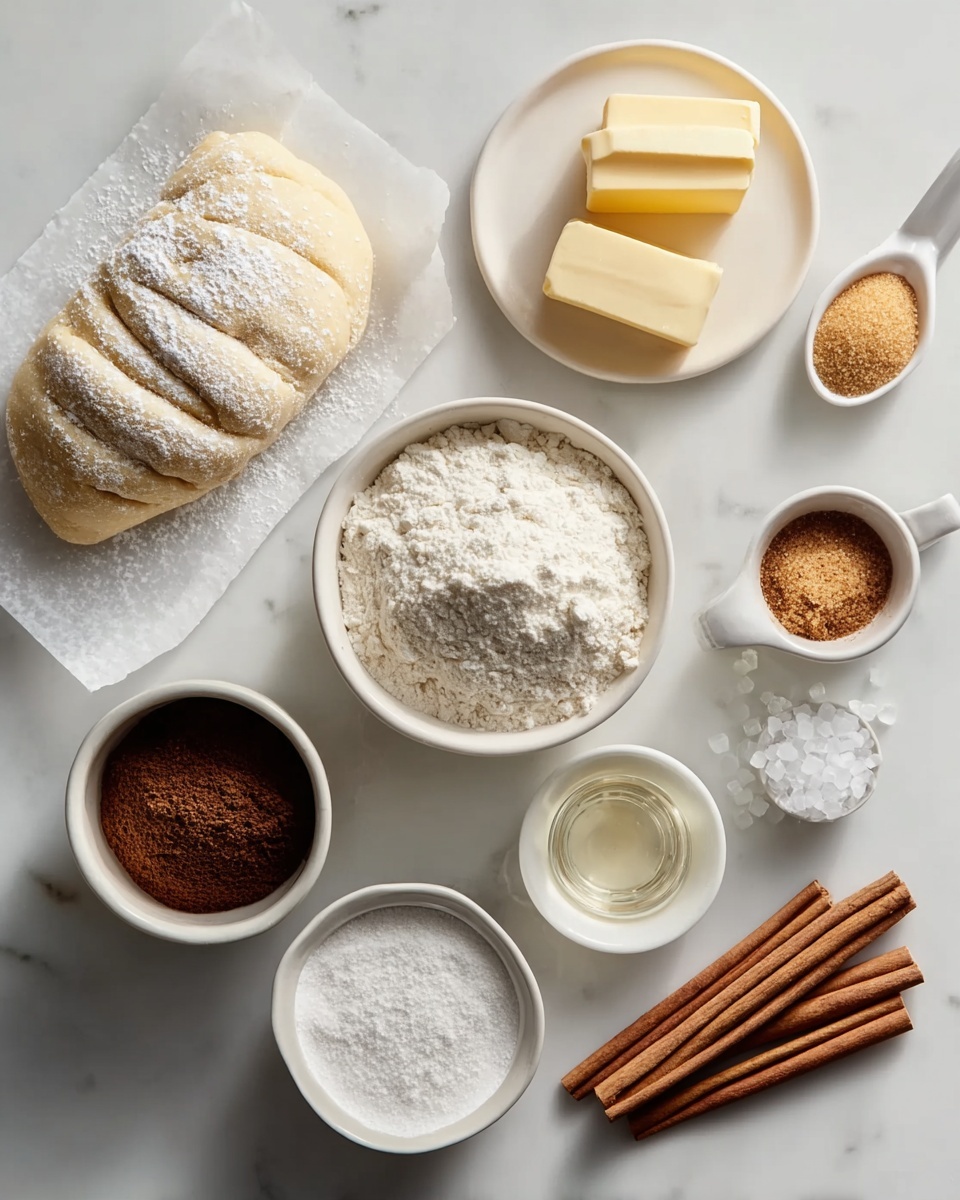 The image shows a white marbled surface with a group of small white bowls and dishes arranged neatly. On the left, there is a pale folded dough dusted with white powder on a piece of parchment paper. Above it, there is a small white plate holding two yellowish blocks of butter. To the right of the butter, a white spoon-shaped dish holds some light brown sugar. Next to it, a bigger white bowl is filled with white flour. Lower center has a round bowl full of dark brown sugar, while below it, another white bowl holds fine white powder. To the right of the dark brown sugar are a small white bowl with clear liquid and another with coarse sugar crystals. On the far right, four light brown cinnamon sticks lay side by side. Photo taken with an iphone --ar 4:5 --v 7