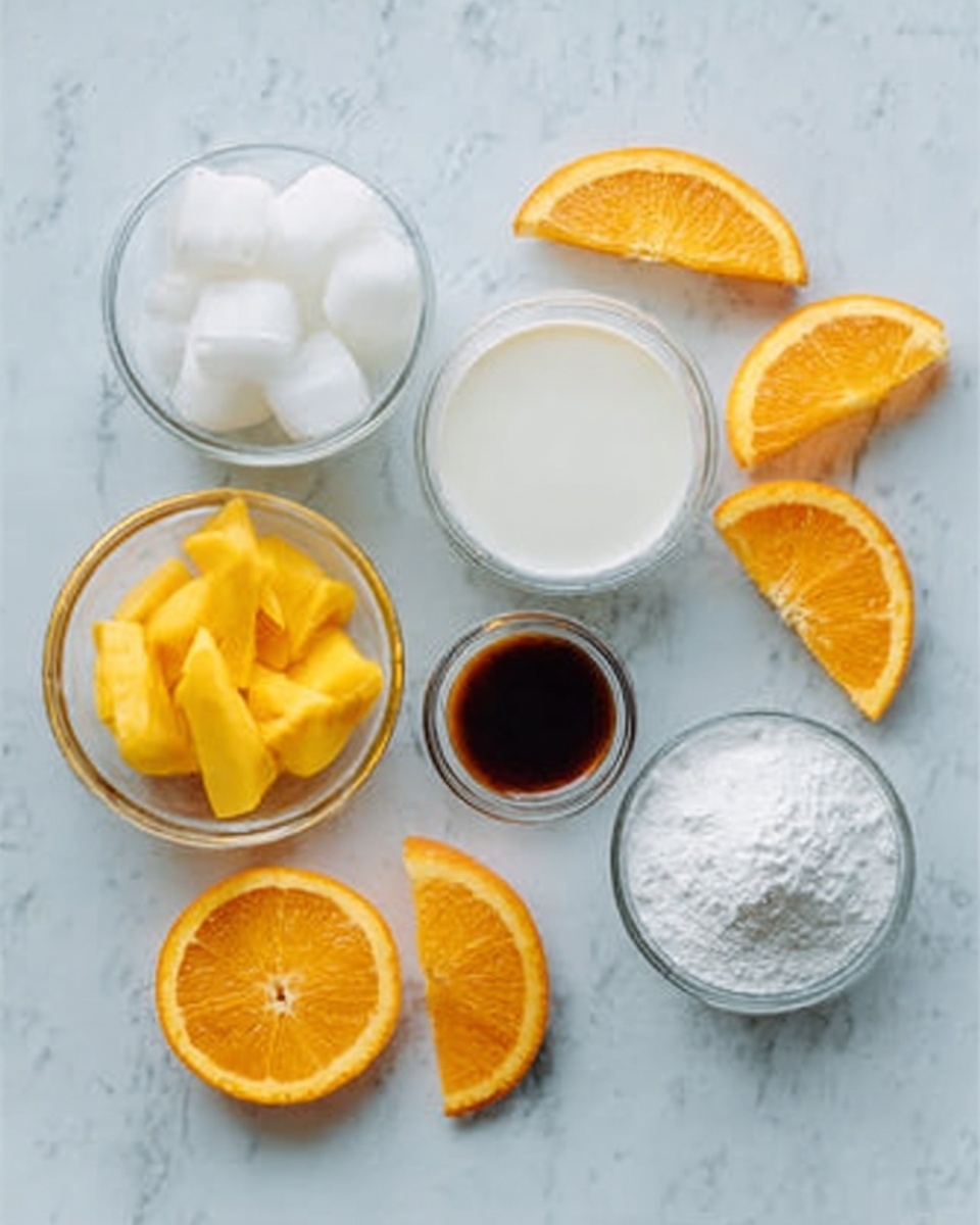 The image shows seven small clear glass bowls placed on a white marbled surface. The top left bowl contains white ice cubes that look cold and solid. Next to it, on the right, is a larger bowl filled with white liquid milk that looks smooth and fresh. Below these, there is a bowl with bright yellow mango pieces that look soft and juicy. Below the mango bowl, a small bowl holds dark brown liquid vanilla extract that looks shiny. To the right of the vanilla bowl is a bowl with white powder, likely flour or corn starch, which looks dry and fine. Around the bowls are several bright orange slices of different shapes, showing juicy juice and fresh orange skin. The whole setup looks clean and fresh with a soft natural light. Photo taken with an iphone --ar 4:5 --v 7