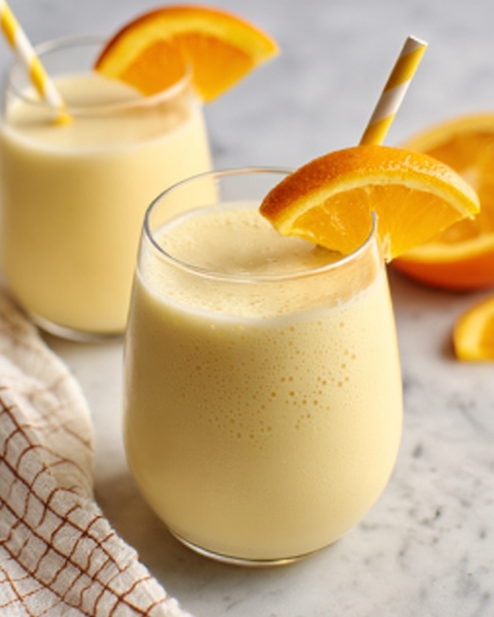 The image shows a creamy yellow smoothie served in a clear glass on a white marbled surface. The smoothie fills almost to the top and has a frothy texture with small bubbles on the surface. A pale yellow and white striped paper straw is placed inside the smoothie on the right side of the glass. A thin curved orange slice with visible texture is placed on the rim of the glass on the left side. In the background, a second glass with the same smoothie and an orange slice is slightly blurred, and a white cloth with a brown grid pattern is partly visible on the left side. The lighting is soft and natural, highlighting the smooth texture of the drink. photo taken with an iphone --ar 4:5 --v 7