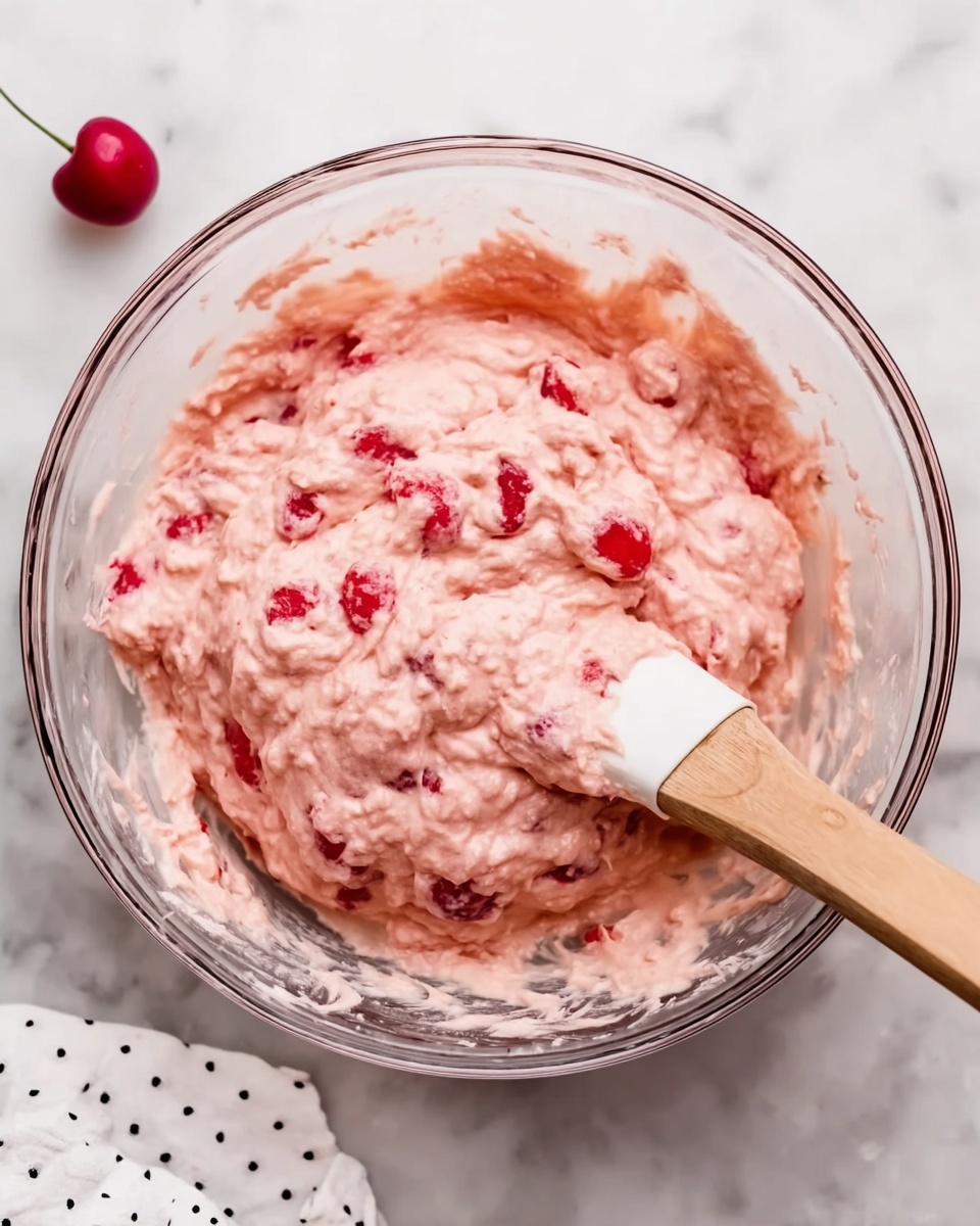 A clear glass bowl sits on a white marbled surface, filled with a thick, pinkish batter mixed with bright red cherry pieces scattered throughout. A wooden spatula with a white silicone tip is resting inside, partially covered in the same batter, showing a creamy, slightly chunky texture. A single red cherry with a stem lies on the surface nearby, and a white cloth with black polka dots is partially visible at the edge of the image. Photo taken with an iphone --ar 4:5 --v 7